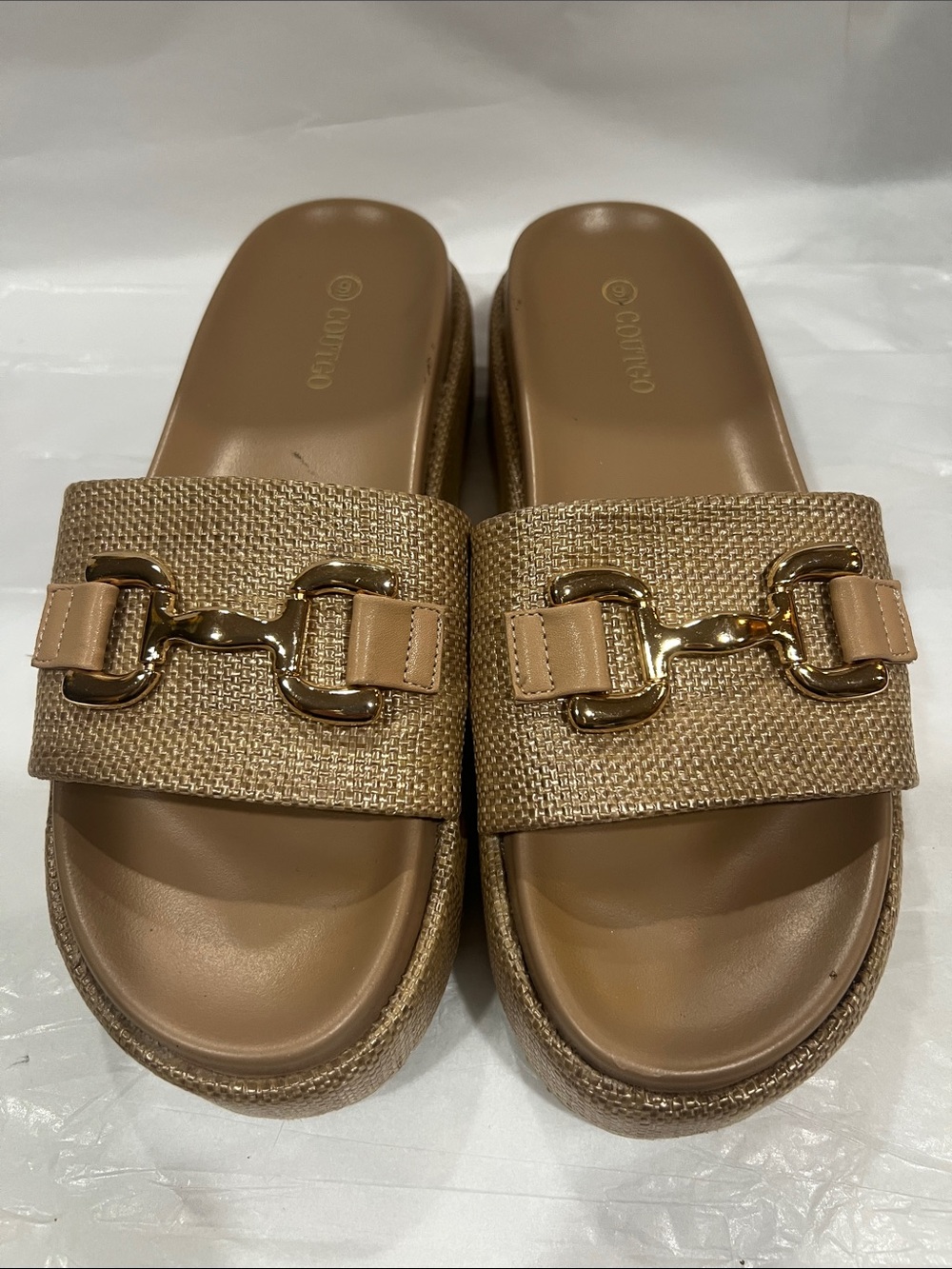 Woven Tan Slide Mules with Gold Chain Accent